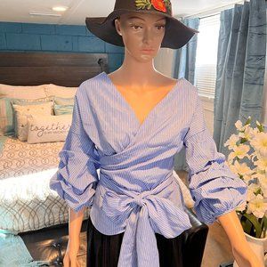 San Joy Blue and white stripe wrap top, size L, New